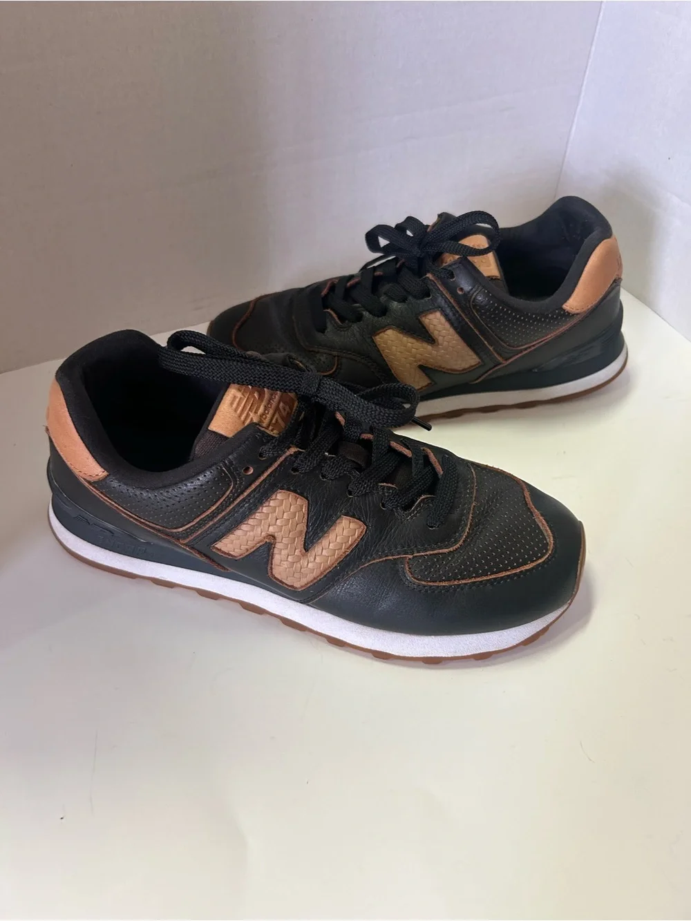 Rare New Balance 574 Leather Black Sneakers with Tan Leather Accents